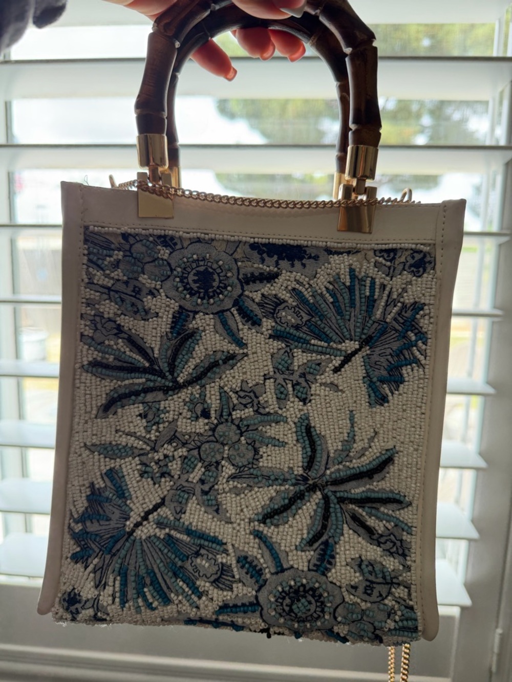 Hand-Beaded Floral Tote Bag with Bamboo Handles - Blue & White